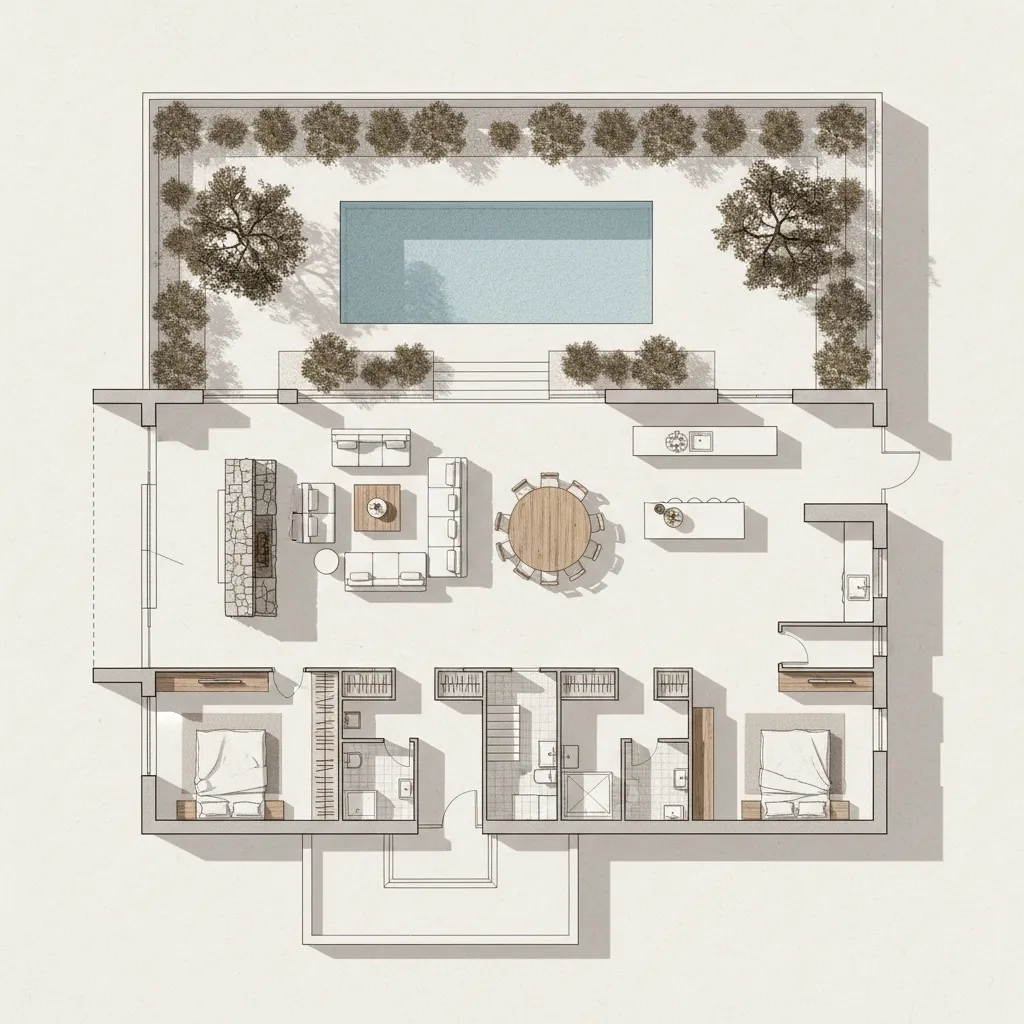 Plano arquitectónico moderno de una casa mediterránea con espacios abiertos