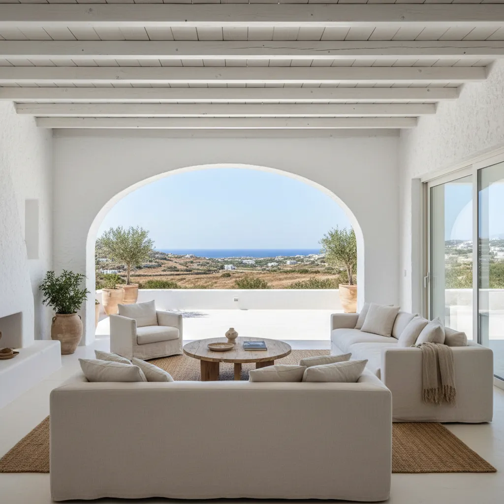 Distribución abierta de casa ibicenca con salón conectado a terraza