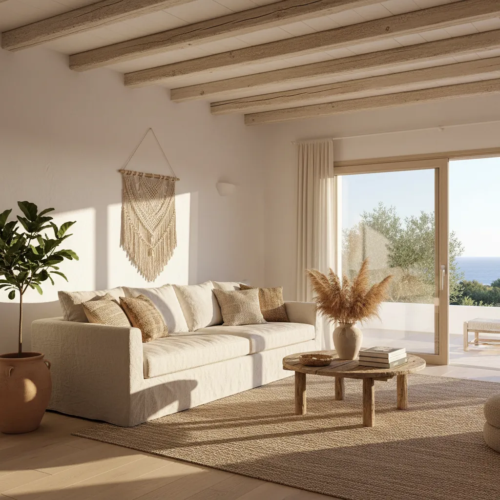 Salón abierto de una casa ibicenca con tonos neutros, madera y grandes ventanales