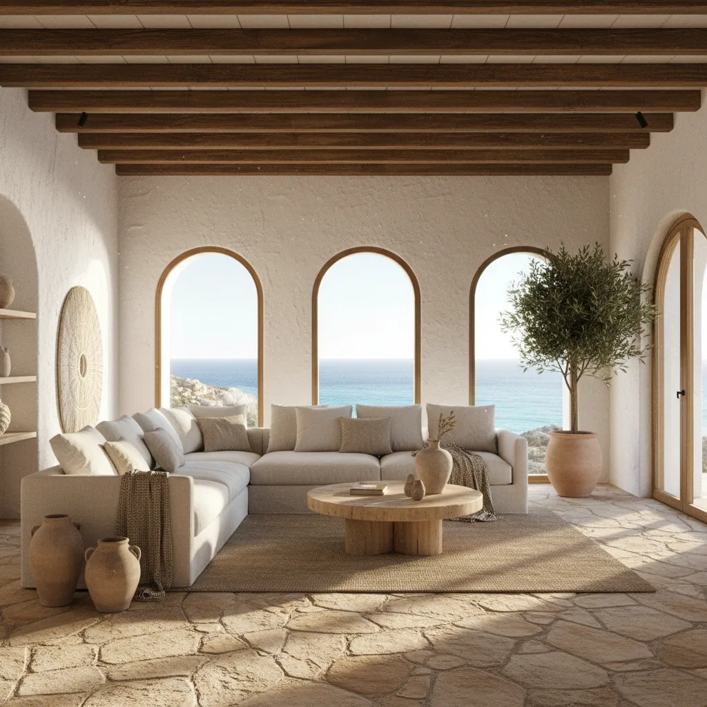 Salón estilo ibicenco con paredes blancas, sofá de lino y vigas de madera