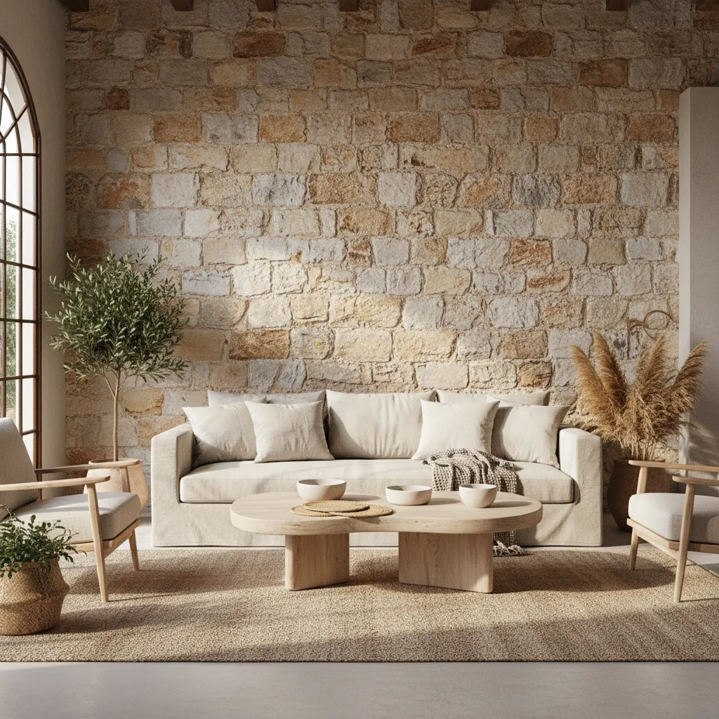 Interior mediterráneo con piedra natural, madera clara y textiles de lino