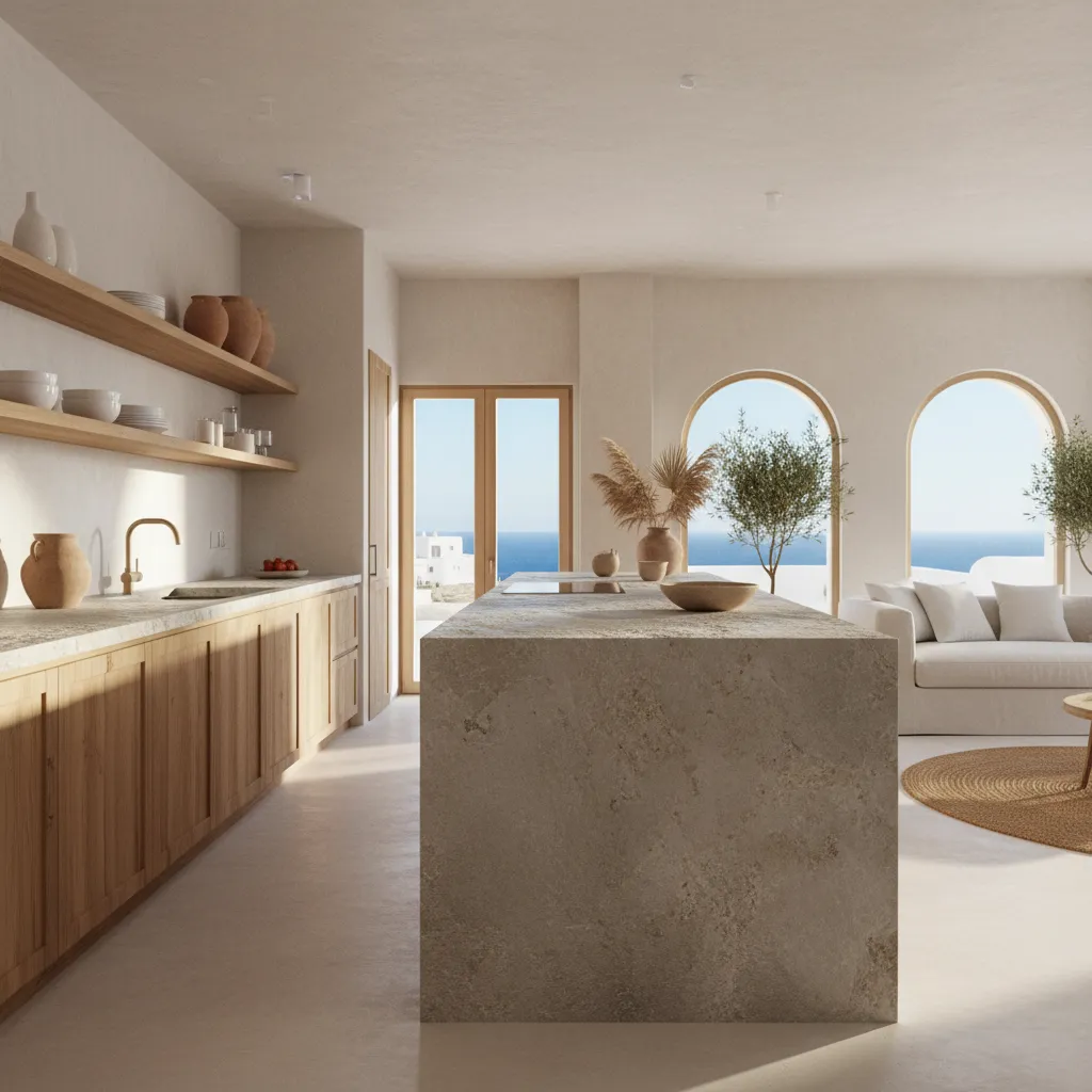 Cocina moderna estilo Ibiza con isla grande y materiales naturales