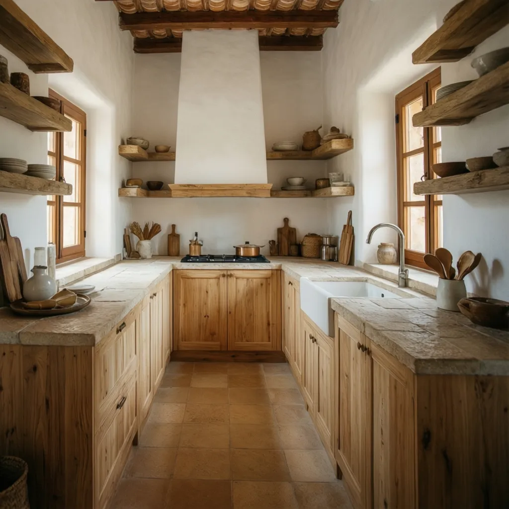 Cocina estilo ibicenco con madera clara y encimera de piedra