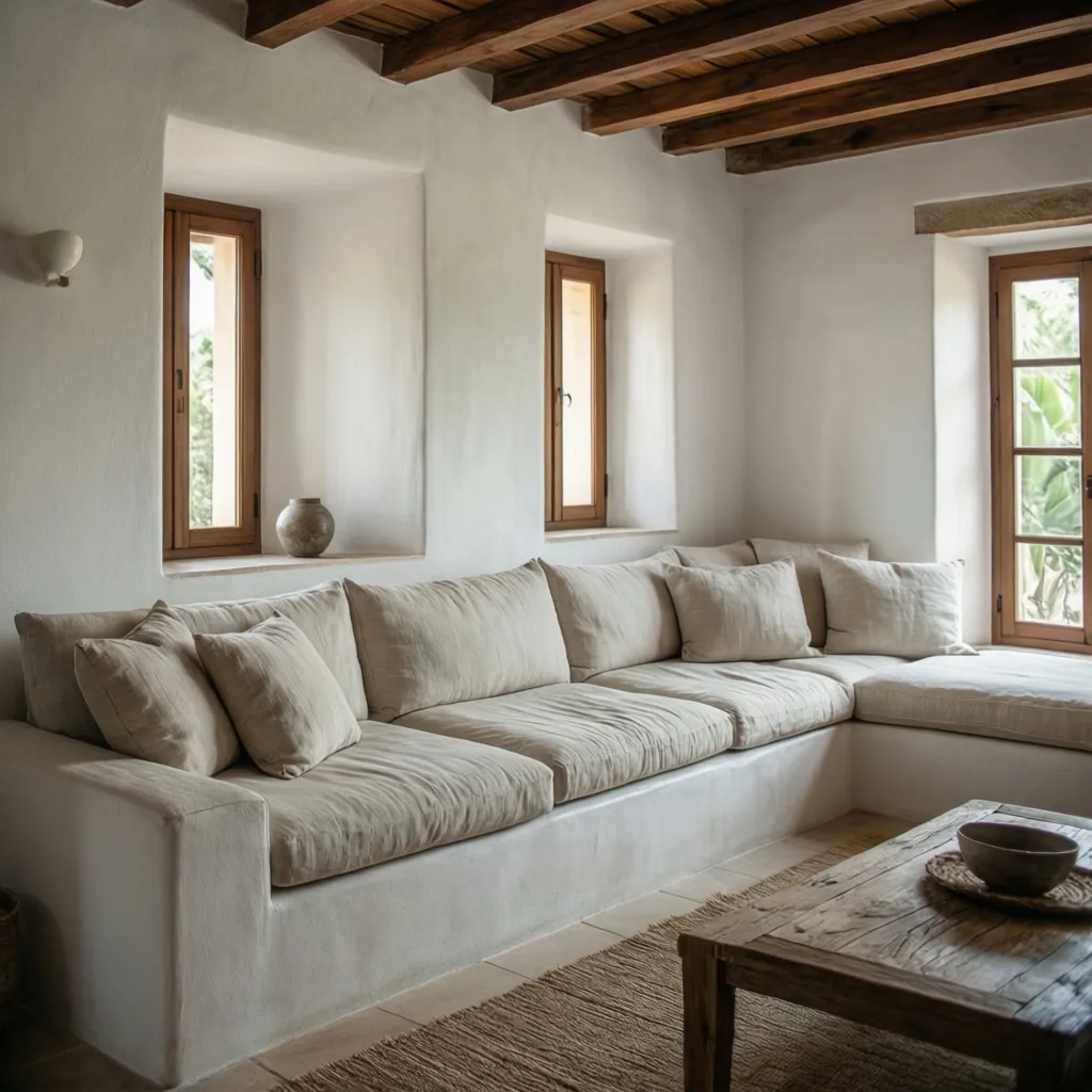 Salón de estilo ibicenco con paredes blancas y materiales naturales