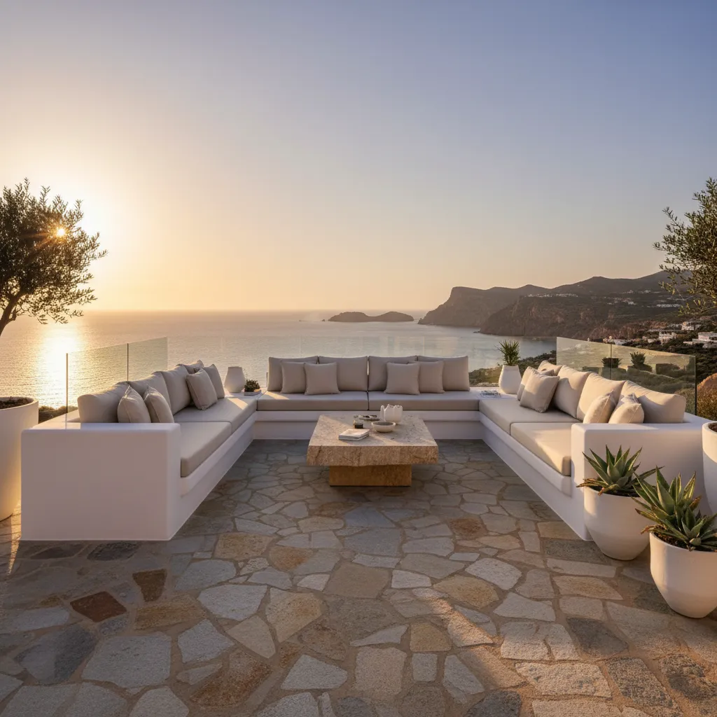 Terraza exterior de villa ibicenca con sofás de obra y vistas al mar