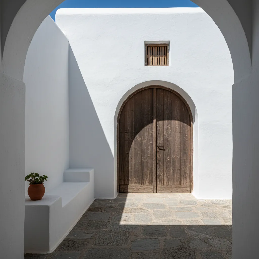 Arquitectura blanca mediterránea con patio y sombras naturales