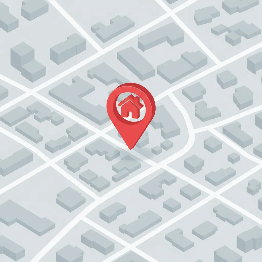 Icon rumah berwarna kontras pada peta lokasi