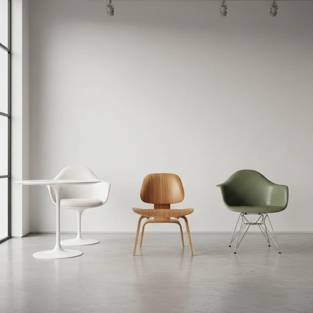 collection of iconic mid century modern chairs including molded plywood and tulip designs