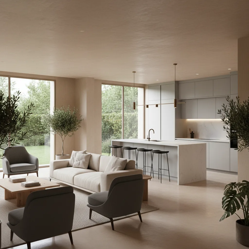 Plano visual de una casa con salón y cocina integrados