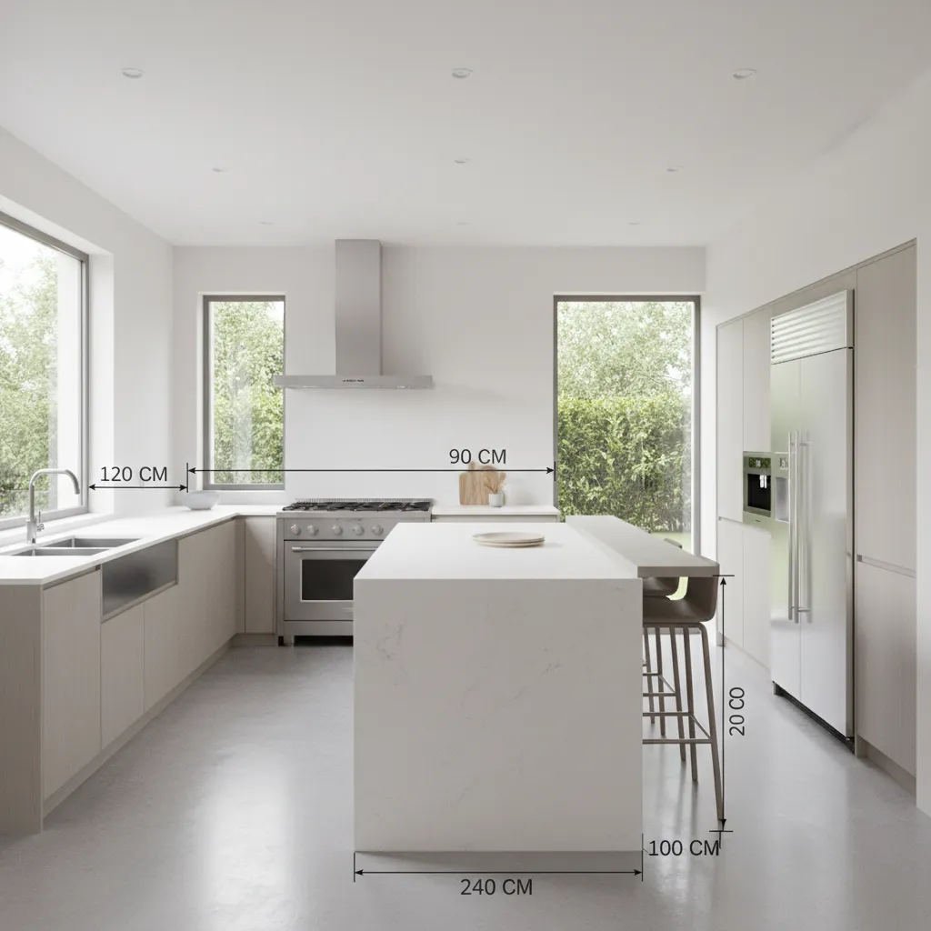 Kitchen layout showing proper spacing between sink stove and refrigerator
