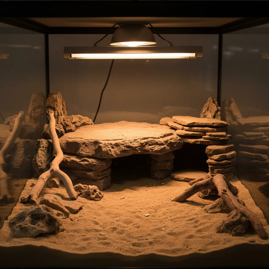 Well-designed reptile basking area with rock platform UVB lamp and shaded retreat