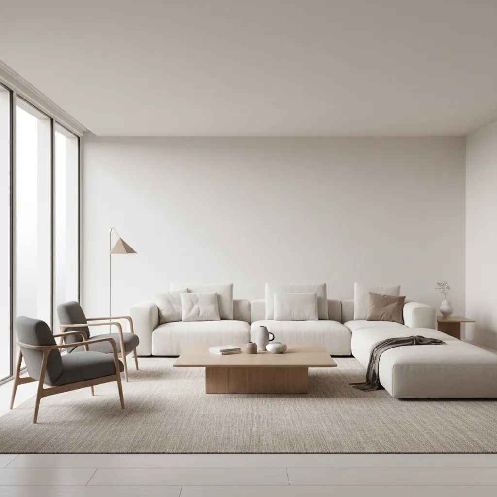 large living room with 90 inch sofa and balanced seating layout