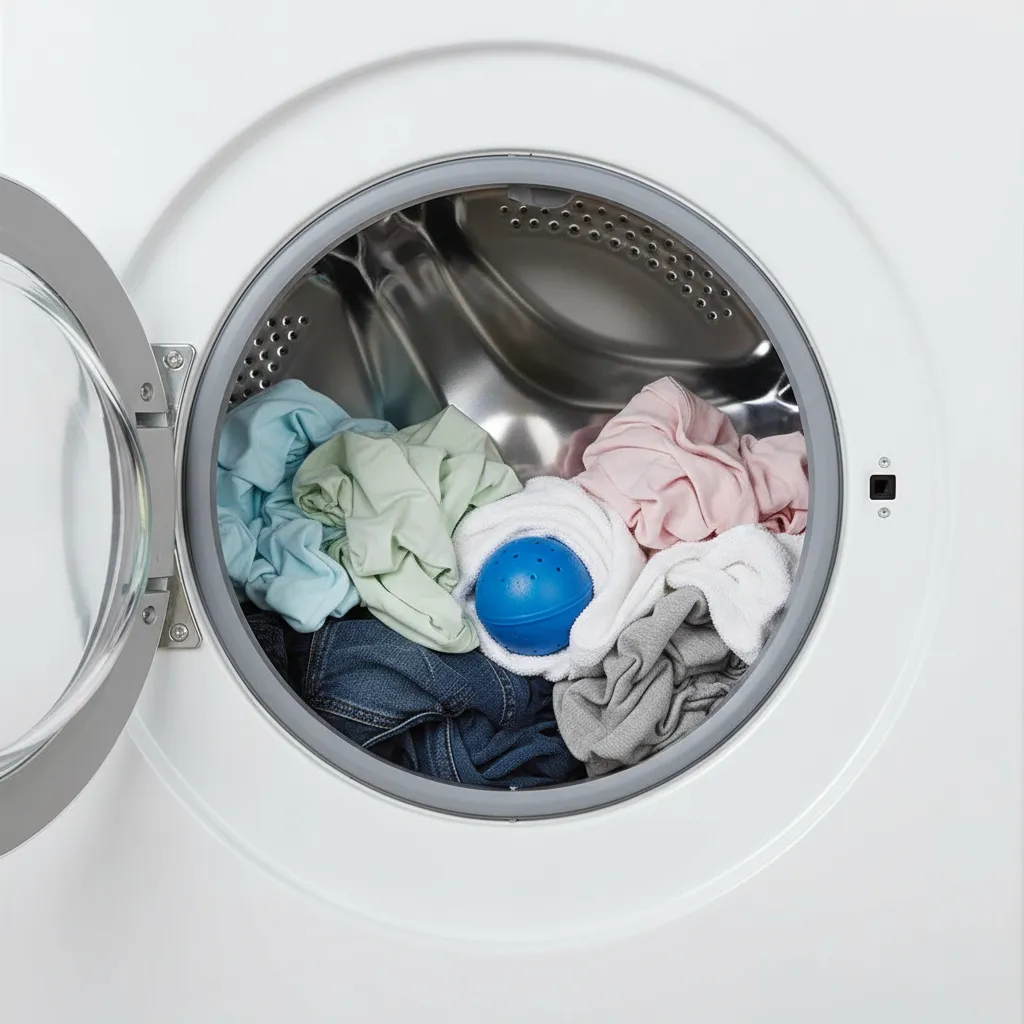 washing machine drum filled to optimal load level demonstrating proper laundry ball circulation