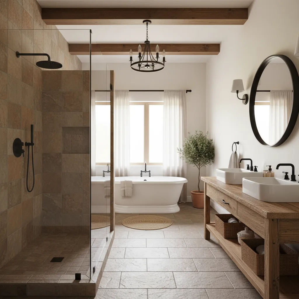 Modern rustic bathroom with double sinks wooden cabinet round mirror ceiling light bathtub and beams