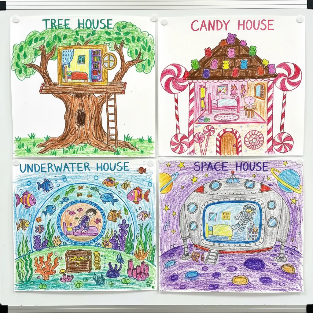 Varias ideas creativas de casas abiertas dibujadas por niños