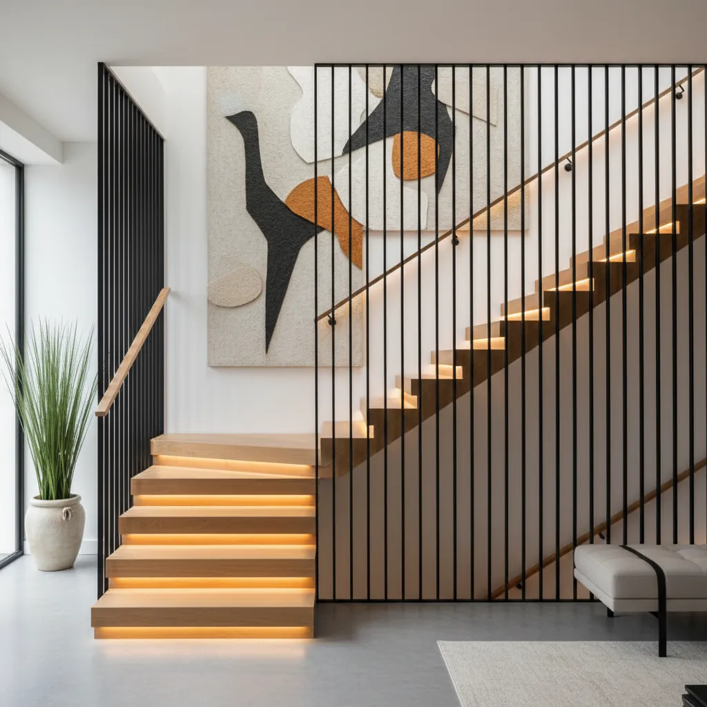Escalera interior decorada con iluminación y pared artística