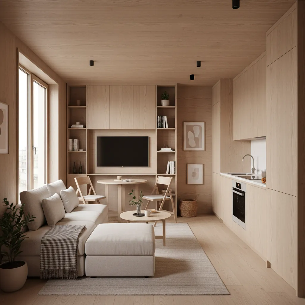 Small wooden room featuring sofa footrest dining table wall TV and simple kitchen cabinet layout