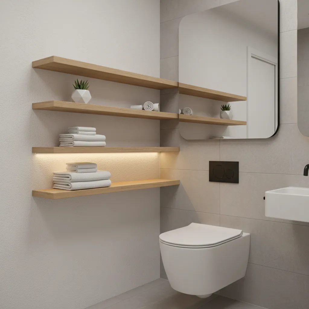 Ideas de estanterías flotantes en baño moderno