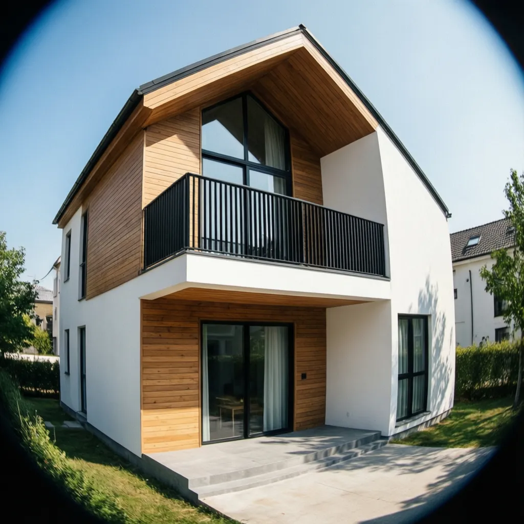 Variación de diseño moderno para fachada de casa pequeña con balcón y madera