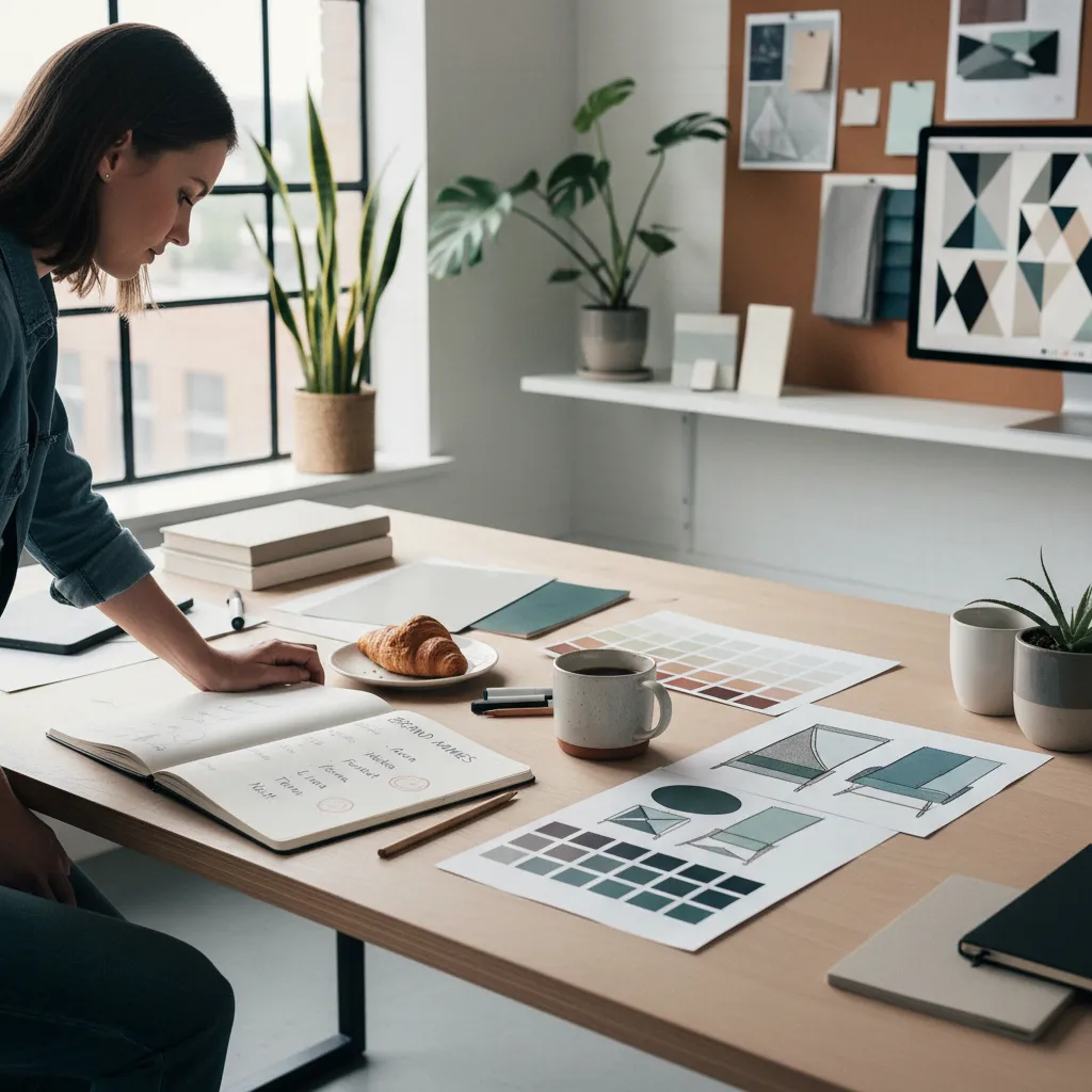 Mesa creativa con cuaderno donde se escriben ideas de nombres para un estudio de diseño de interiores