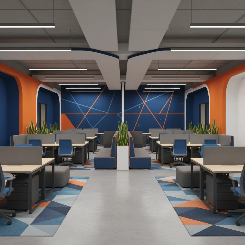 Oficina corporativa con colores de marca integrados en el diseño interior