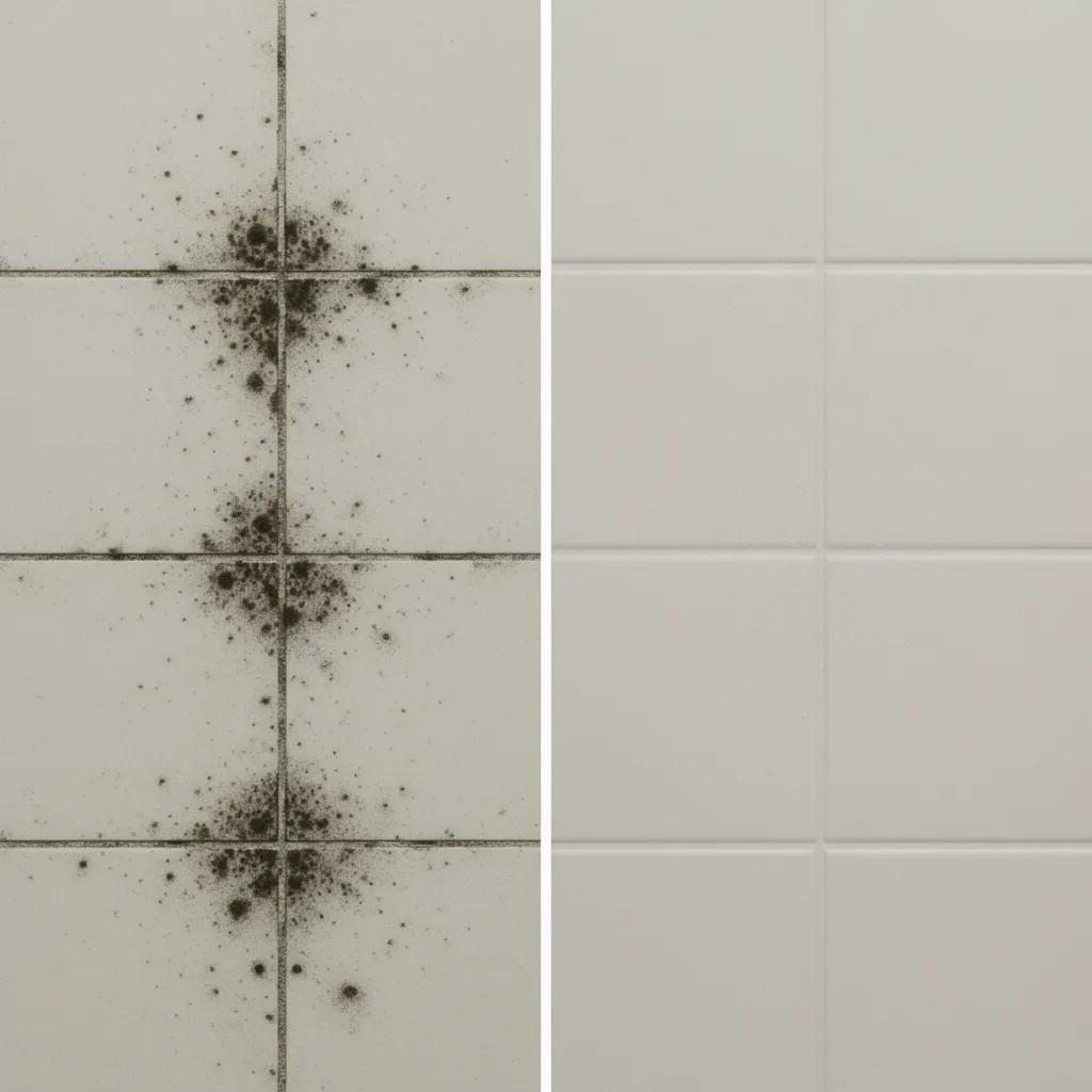 Comparison of mold spots and soap residue on bathroom tiles