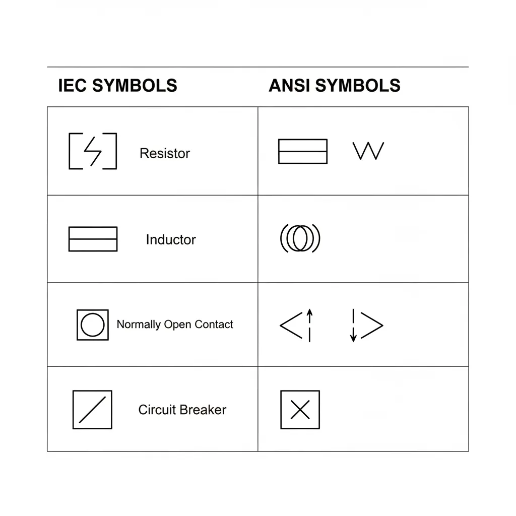 Technical schematic diagram comparing IEC and ANSI electrical symbol styles