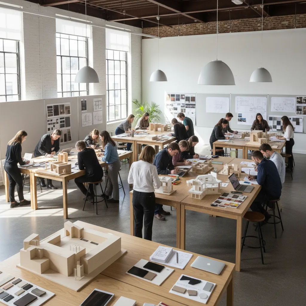 Students working on house models at wooden tables in a large bright open plan studio