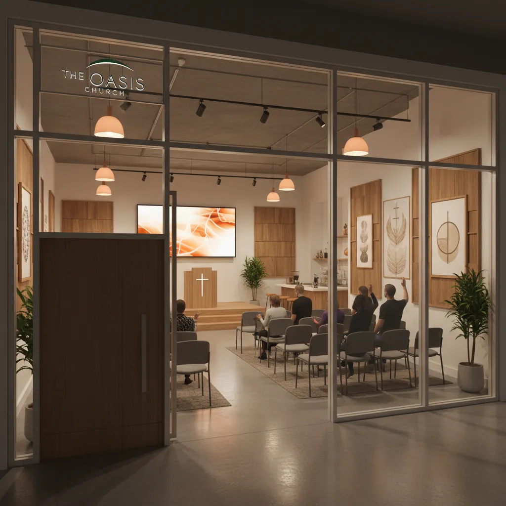 Pequeña iglesia cristiana adaptada en un local moderno