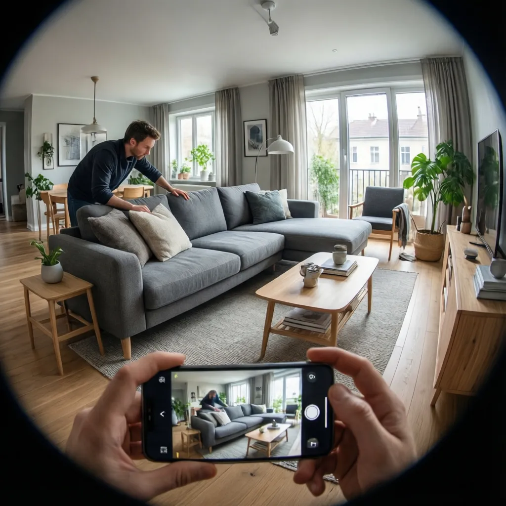 Visualización de muebles en una sala usando una app de diseño interior