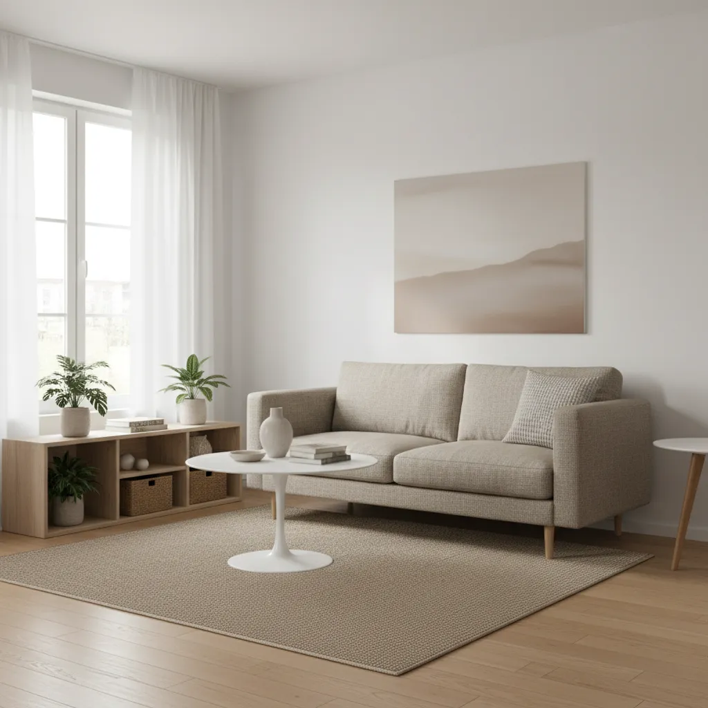 Compact IKEA sofa with raised legs in a small minimalist living room