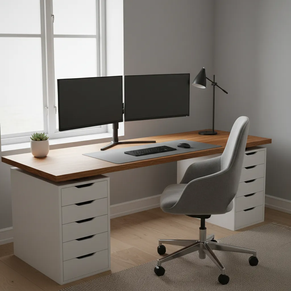 ikea countertop desk with alex drawers and dual monitor setup