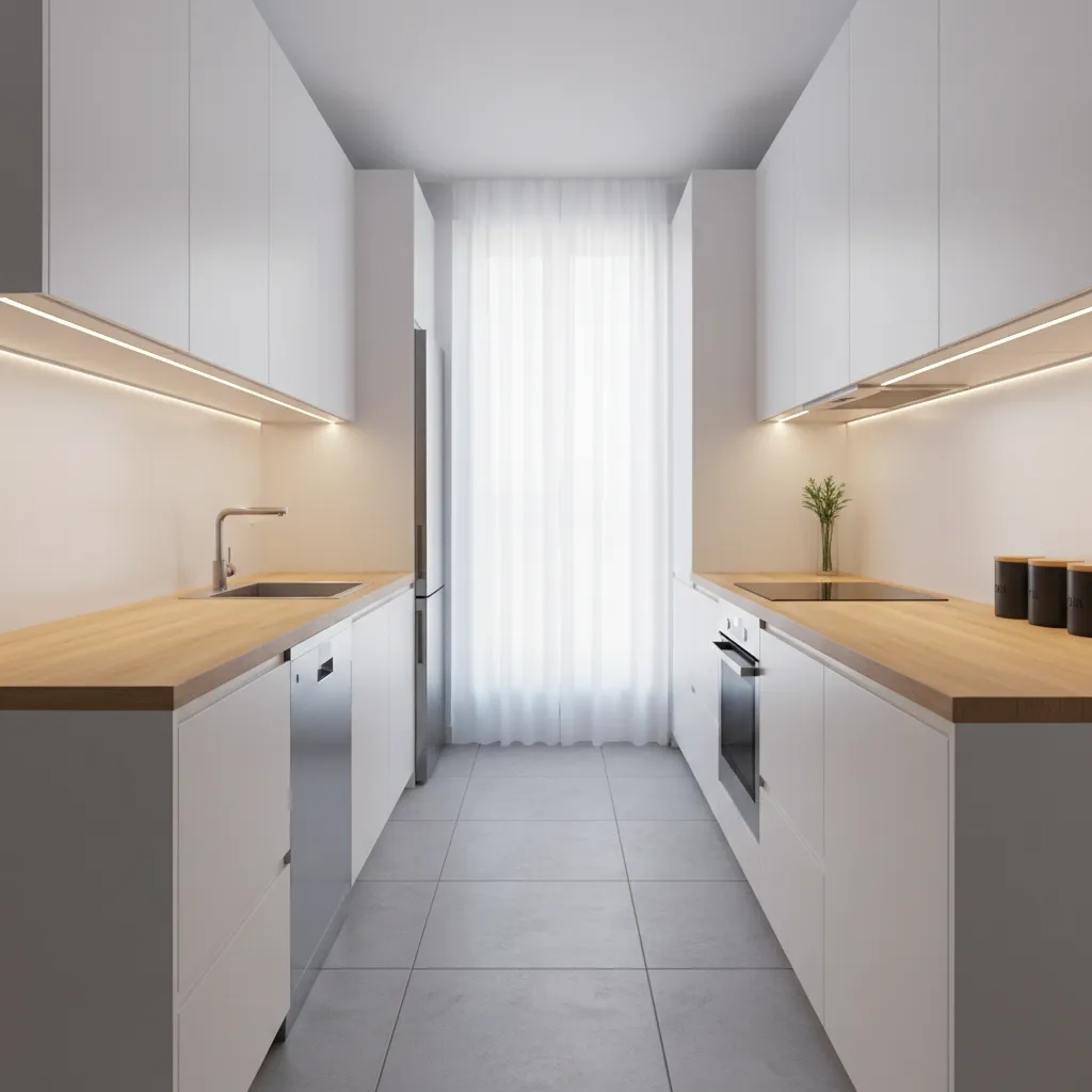 narrow galley tiny kitchen layout using IKEA cabinets and compact appliances
