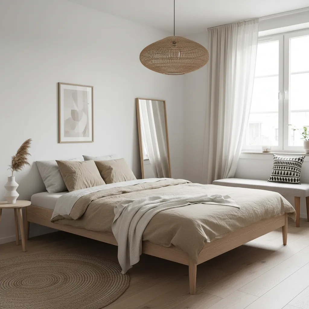 Dormitorio minimalista con ropa de cama de lino y muebles claros