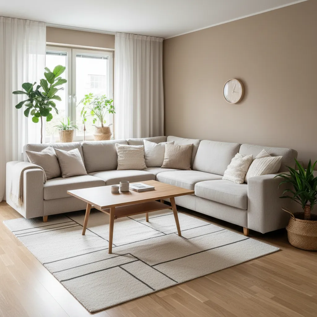 Salón equilibrado con sofá modular claro y textiles decorativos