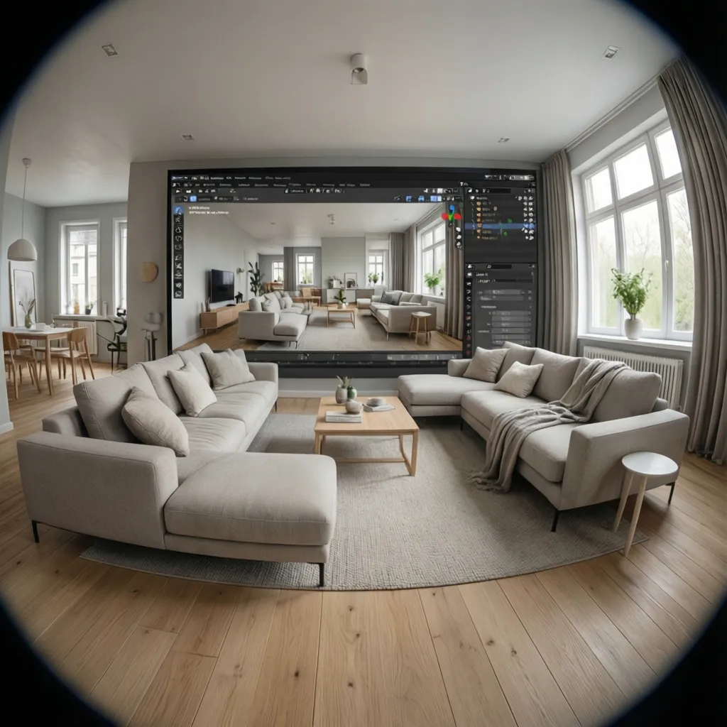 Interior design drawing software showing a living room with grey sofas wooden floors and curtains
