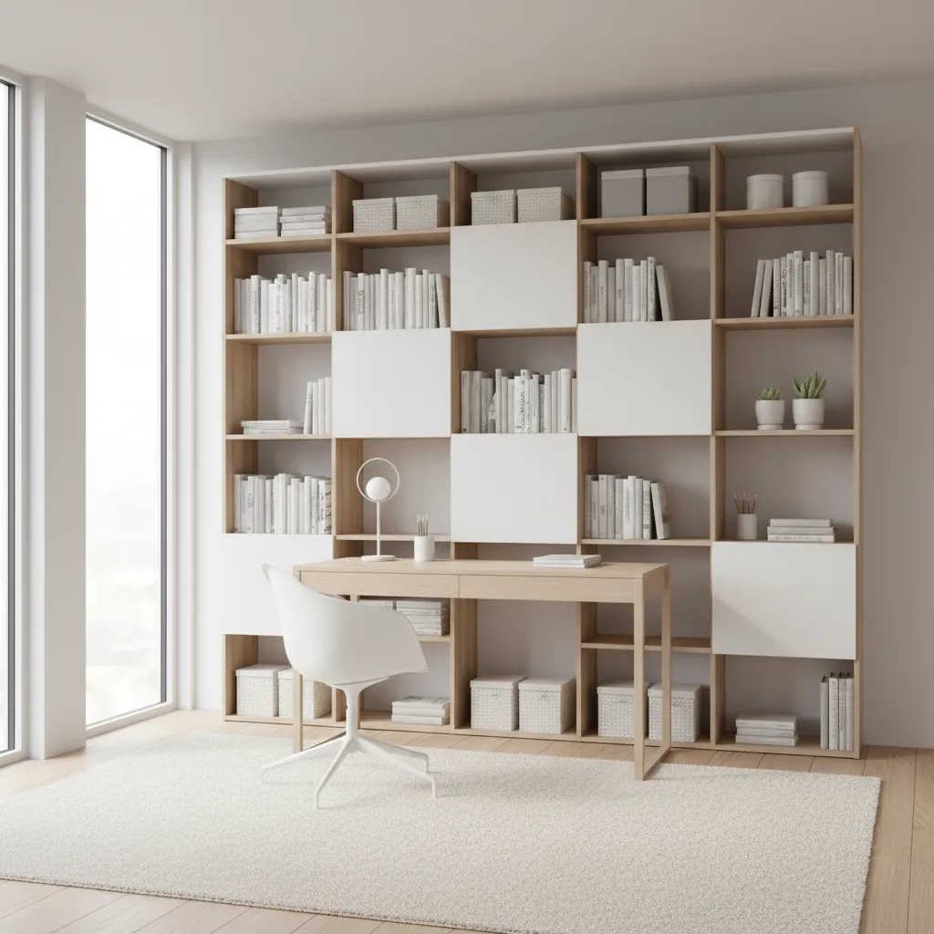 Home office wall storage system with shelves and cabinets for organized workspace