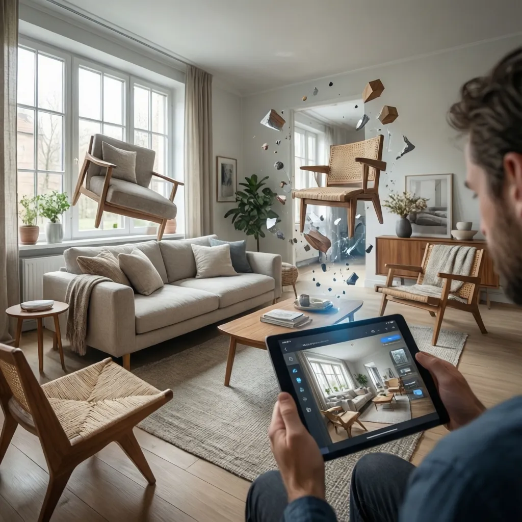 Person uses a tablet app to place floating furniture and chairs in a modern room