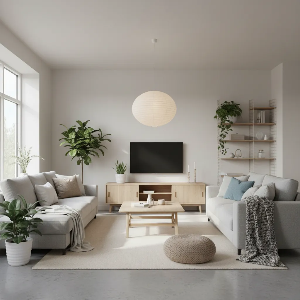 Minimalist living room with grey sofas wooden TV stand white ceiling light and green plants