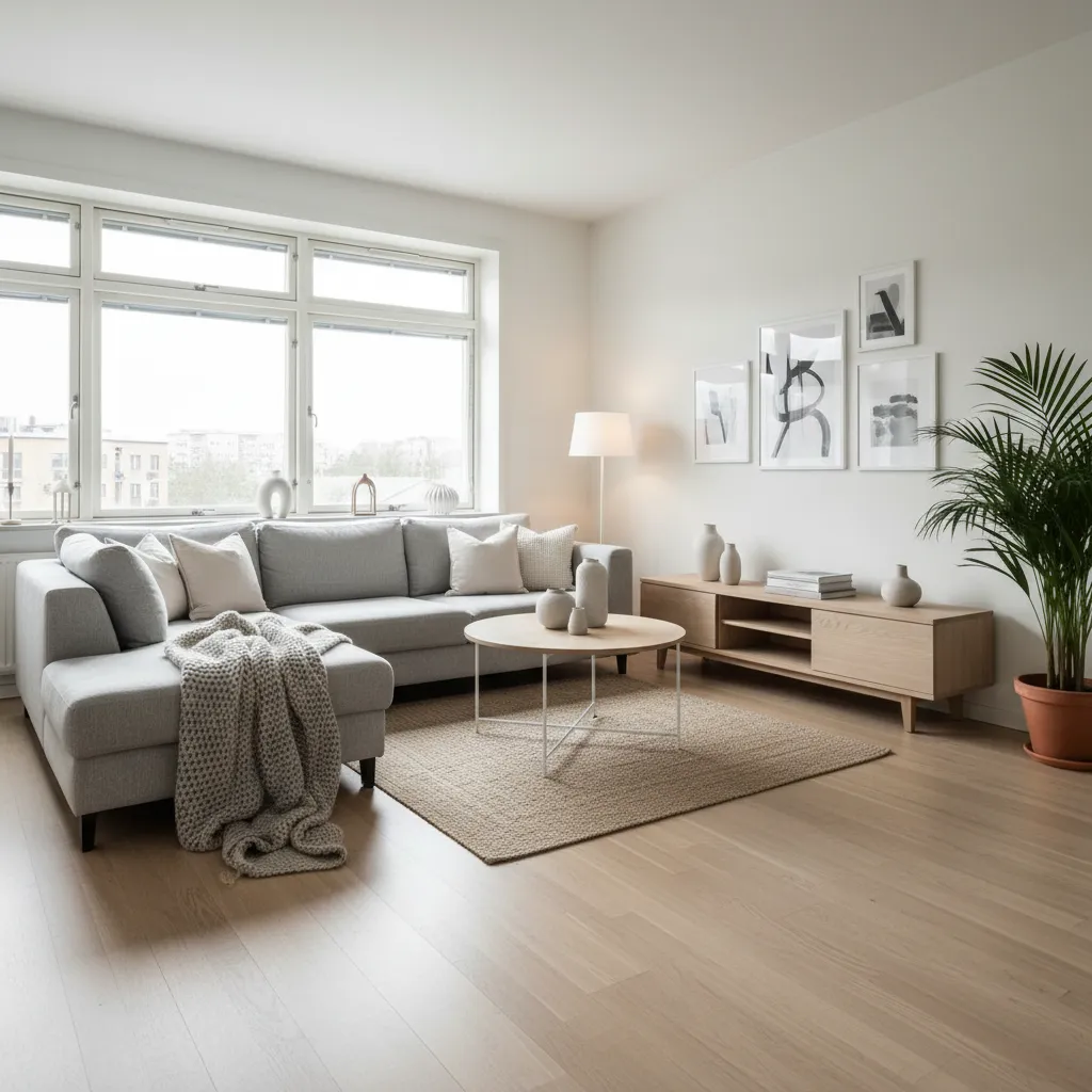 Bright living room with grey sofa round coffee table wooden cabinet wall art and windows