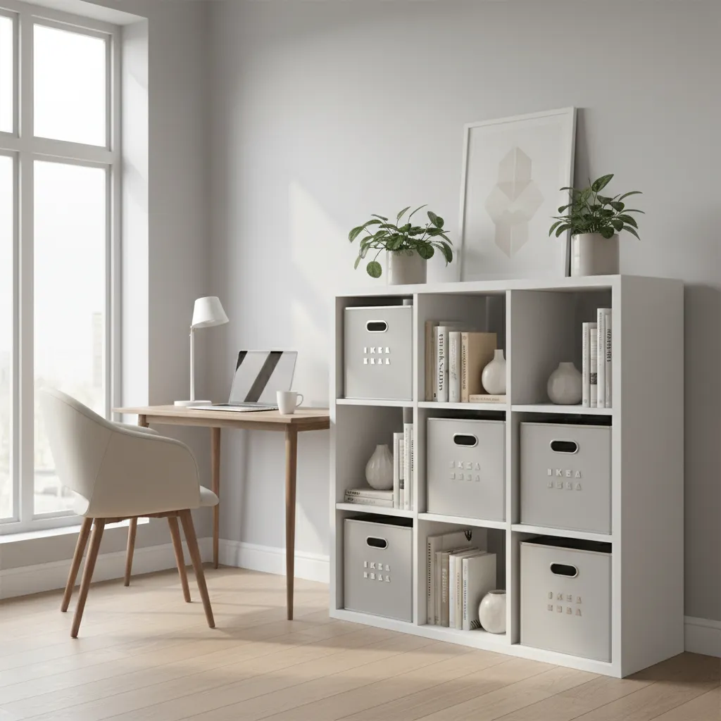 ikea kallax shelving used as desk storage in home office