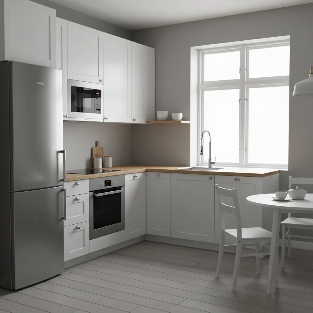 Example IKEA kitchen with white cabinets and wood countertop in a small apartment