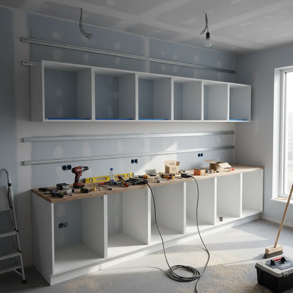 IKEA kitchen cabinet installation with rail system mounted on wall during renovation