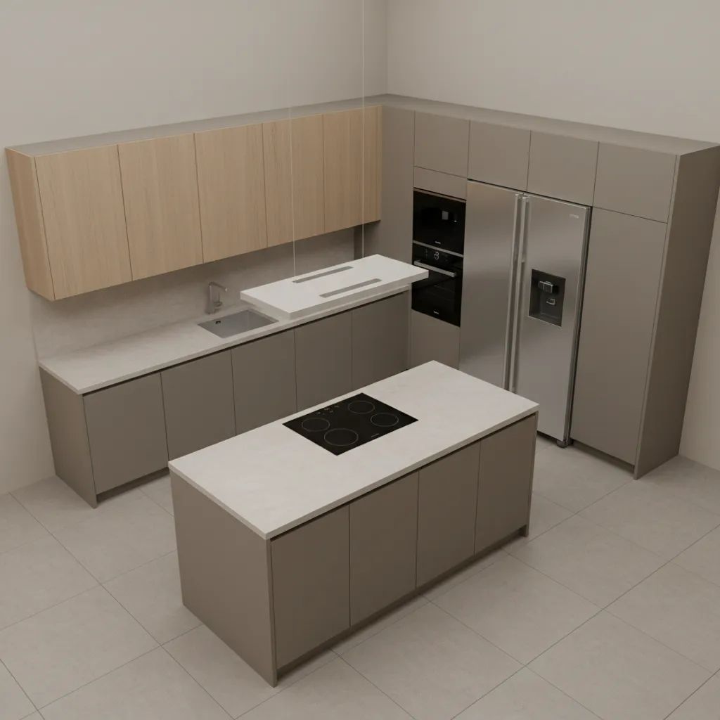 kitchen cabinet layout visualization showing island cabinets appliances and work triangle