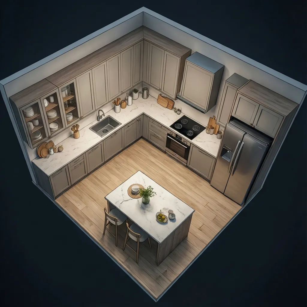 IKEA kitchen cabinet layout and workspace zones visualization