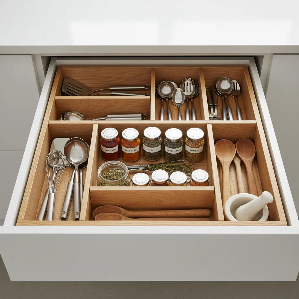 organized IKEA kitchen drawers with dividers for utensils and storage