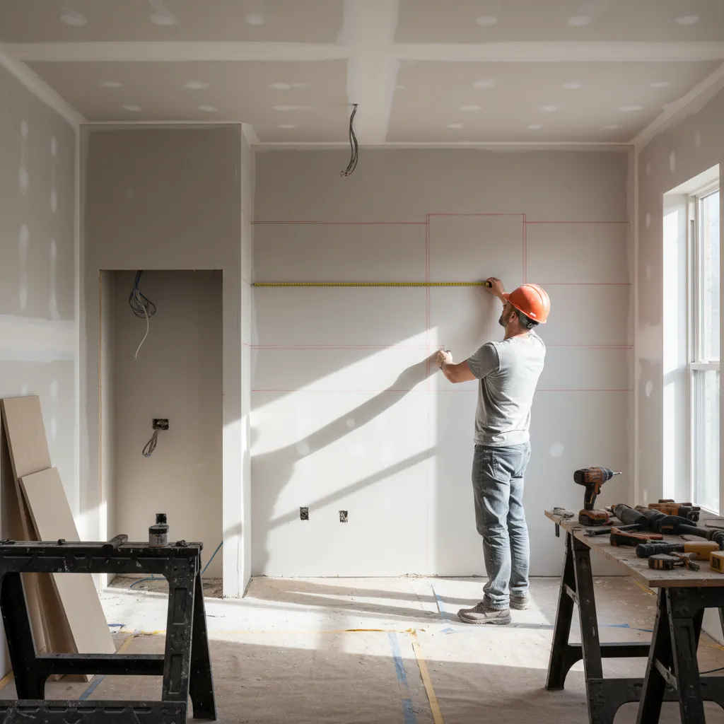 Contractor measuring kitchen wall before installing IKEA cabinets