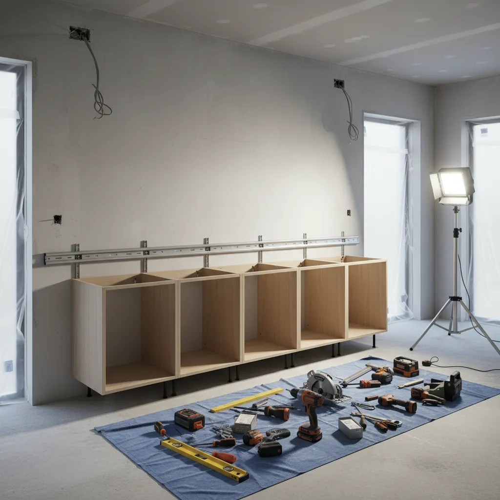 ikea kitchen cabinet installation showing wall rail system and base cabinets