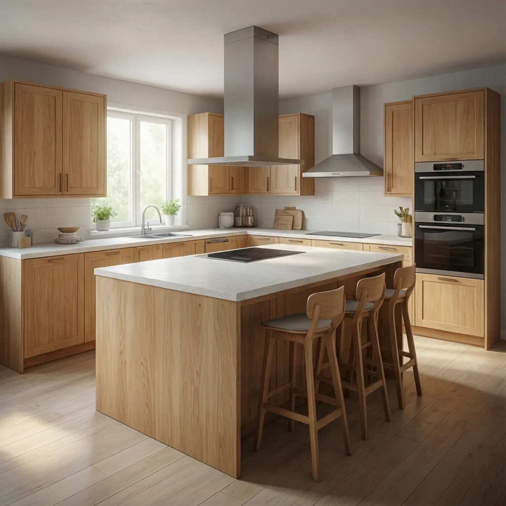 Medium sized IKEA kitchen layout with central island and bar seating