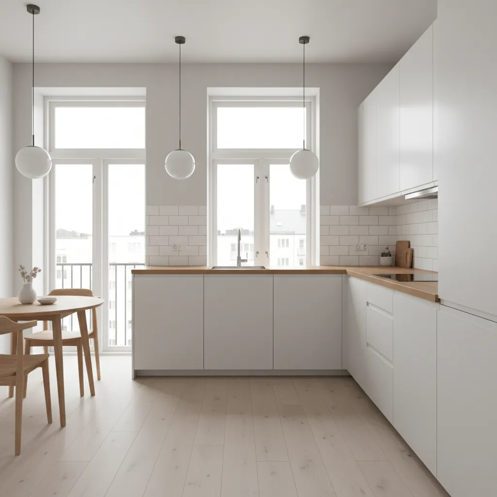 bright modern IKEA kitchen with white cabinets wood countertop and minimalist layout